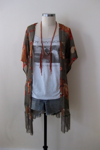 Urban Outfitters antique-motif kimono with band graphic tee and cut-off denim shorts (2)